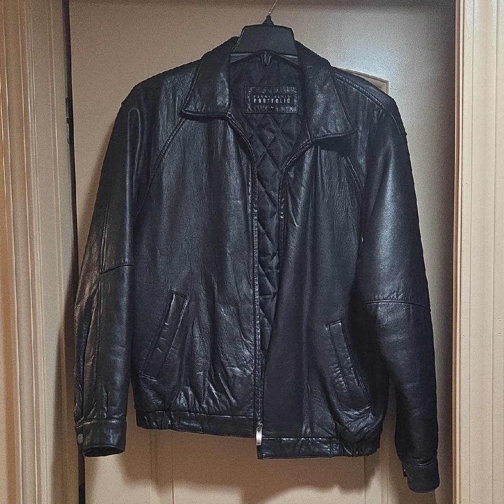 Perry Ellis Black Leather Bomber Jacket